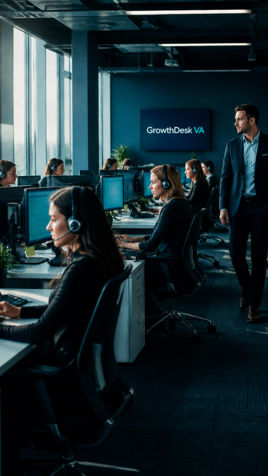 Illustration of a supervised GrowthDesk VA operations team working together in one office
